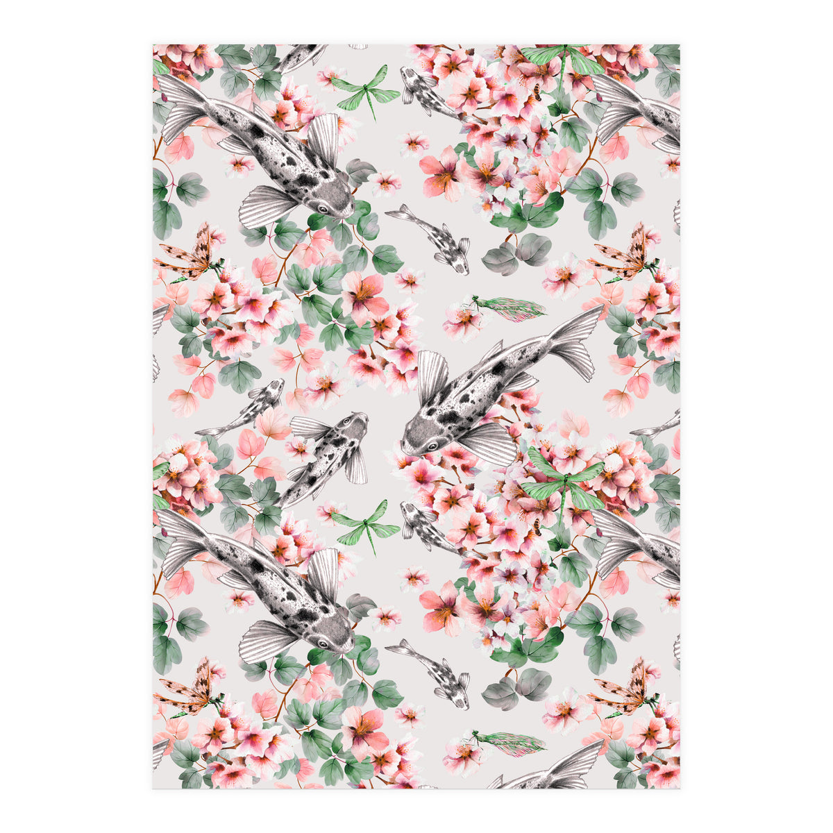 Asian fish among flowers (Print Only)