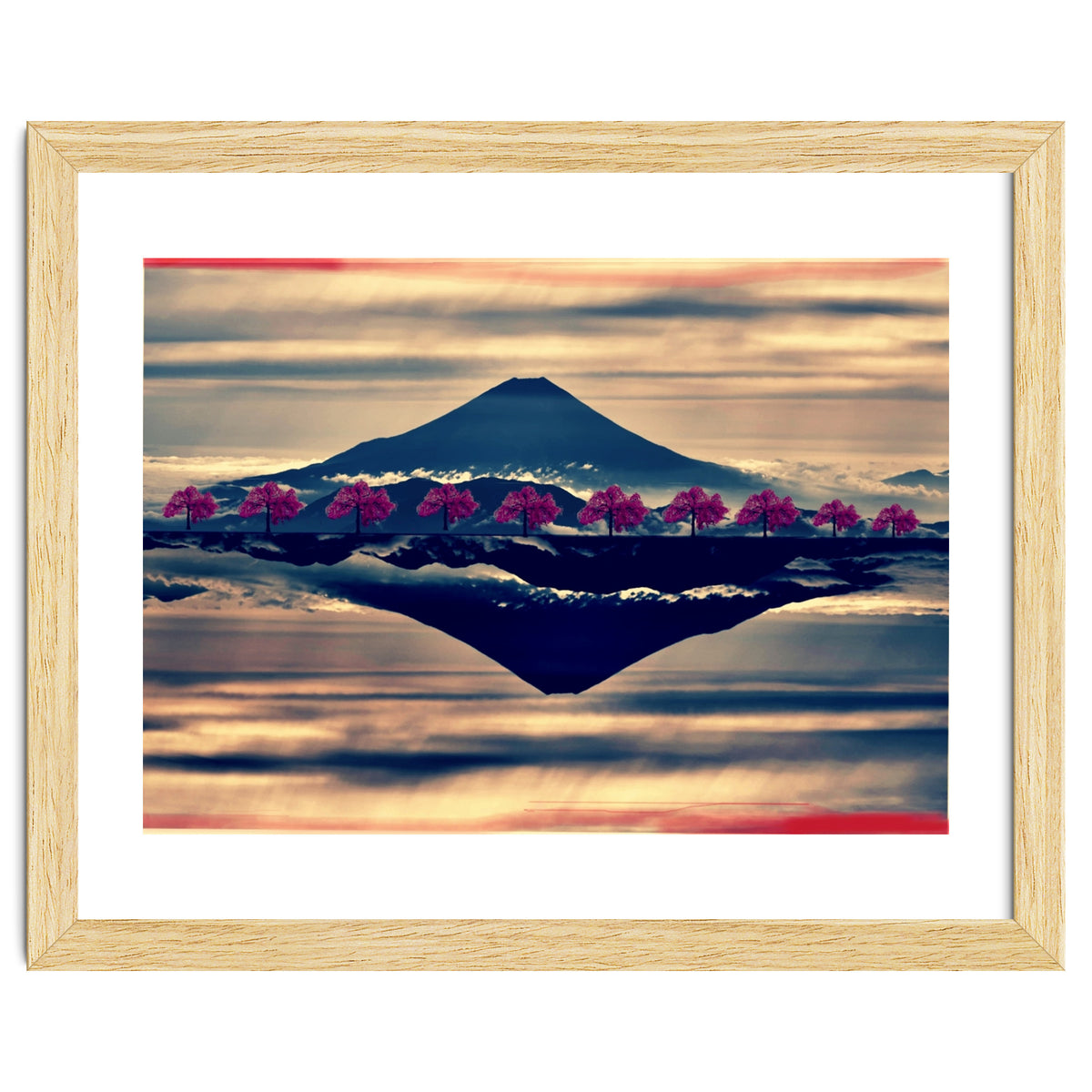 Reflection on Mount Fuji with cherry trees.