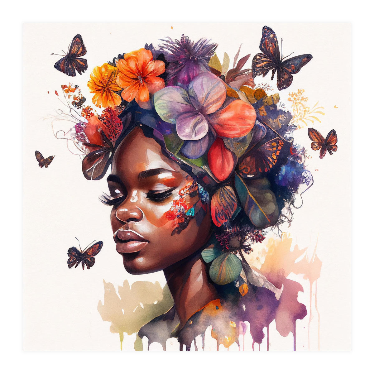 Watercolor Butterfly African Woman #2 (Print Only)