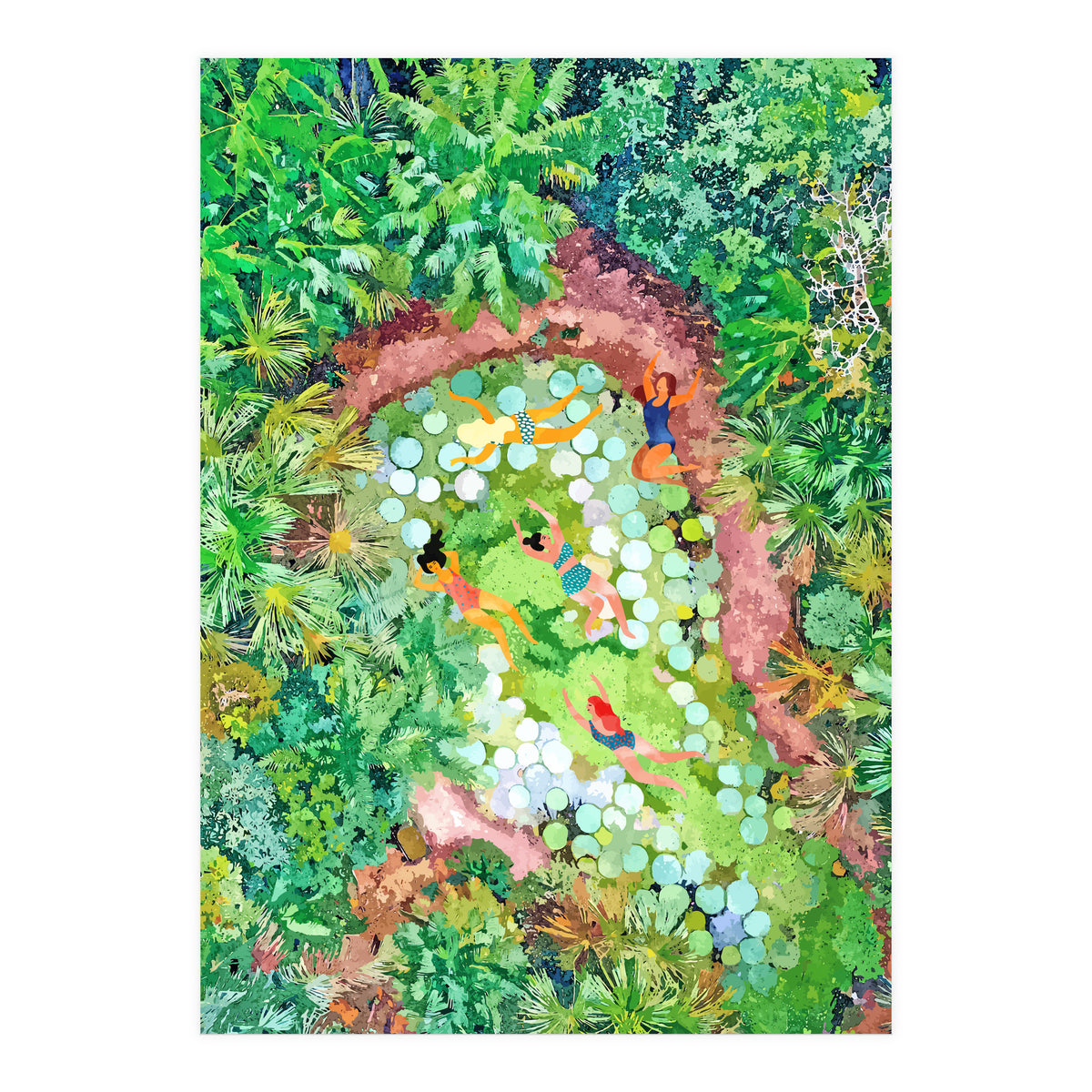 Tropical Vacay | Rainforest Jungle Botanical Lush Nature | Summer Lake People Swim | Boho Painting (Print Only)