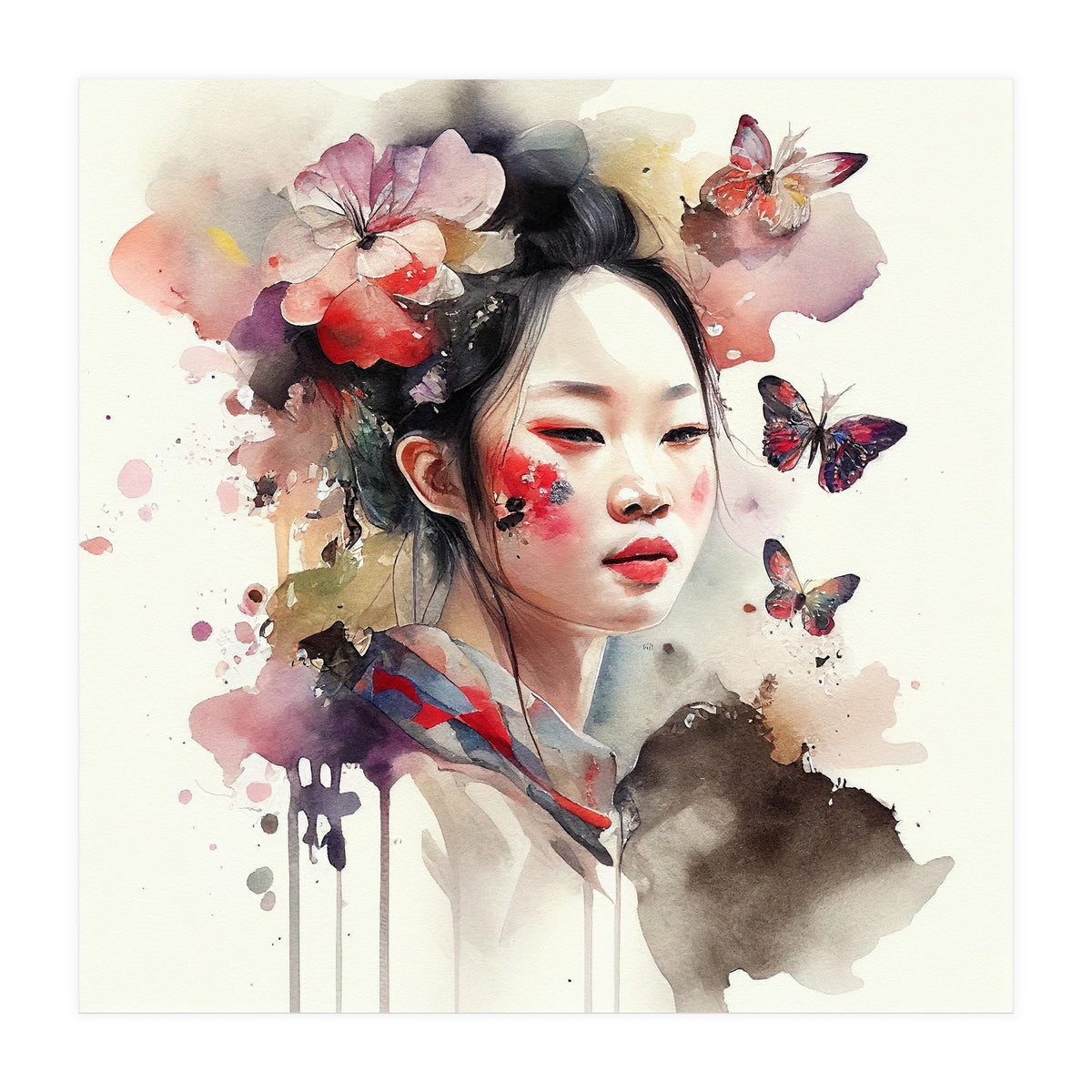 Watercolor Floral Asian Woman #2 (Print Only)