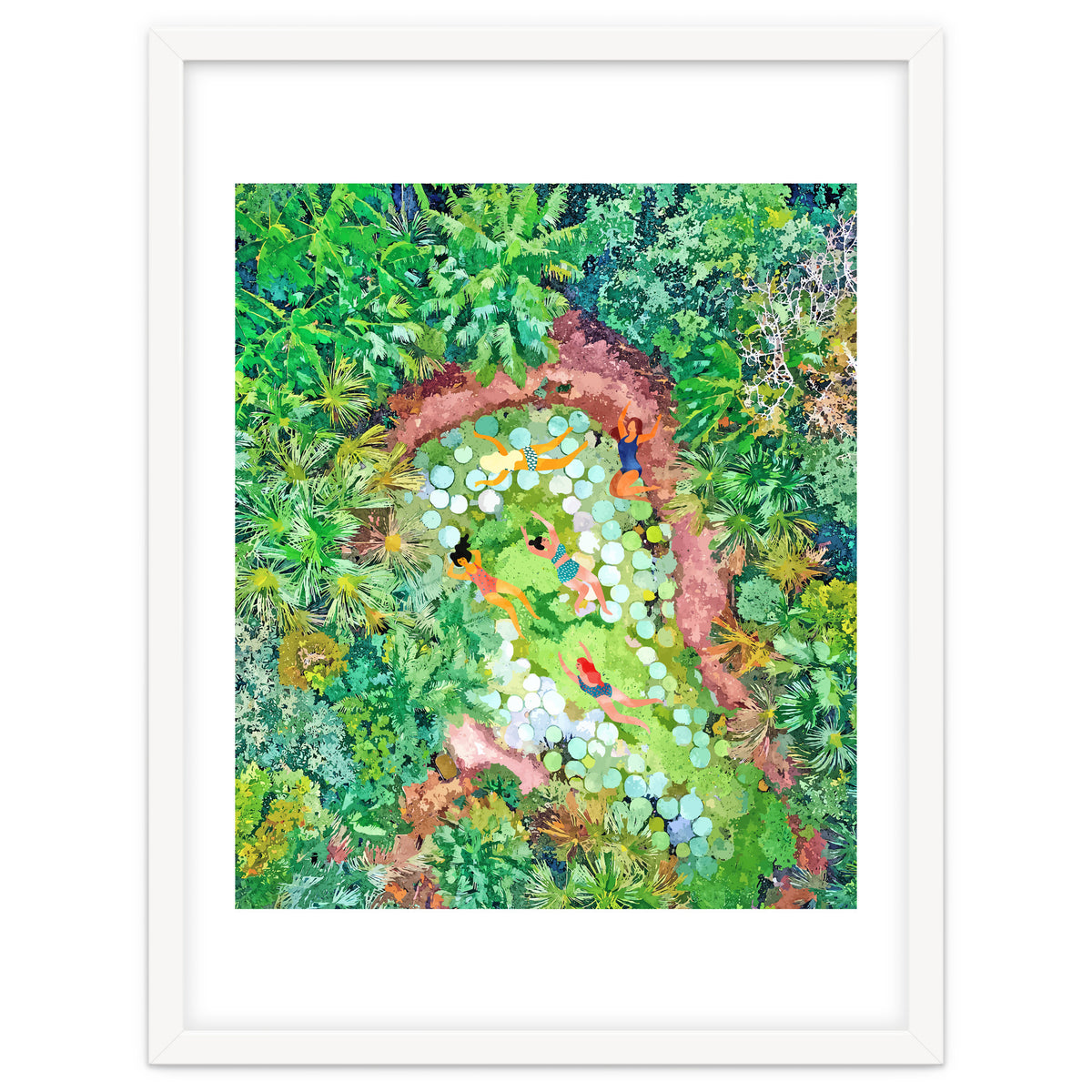 Tropical Vacay | Rainforest Jungle Botanical Lush Nature | Summer Lake People Swim | Boho Painting