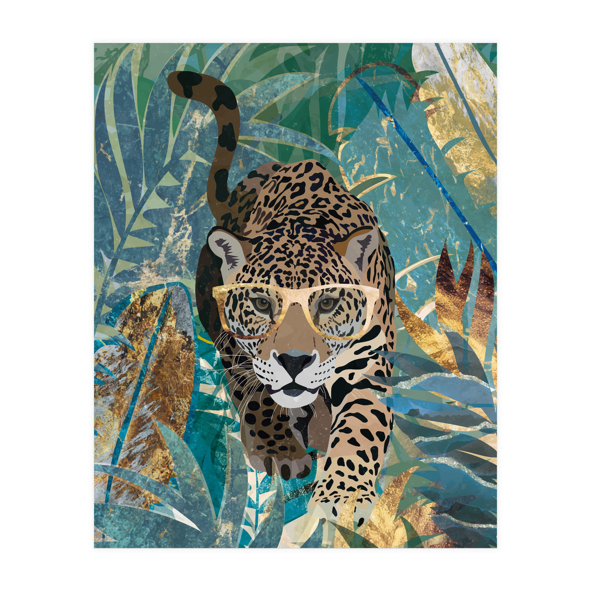 Jaguar in the gold and green tropical jungle (Print Only)