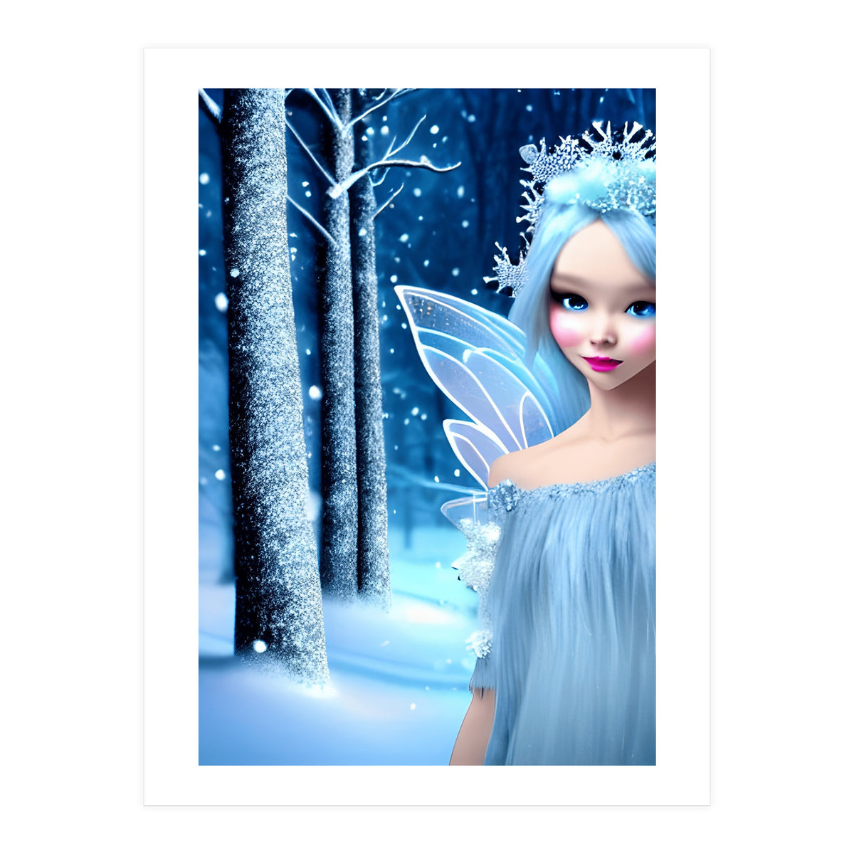 Cute 3d light blue Winter Fairy in the Forest (Print Only)