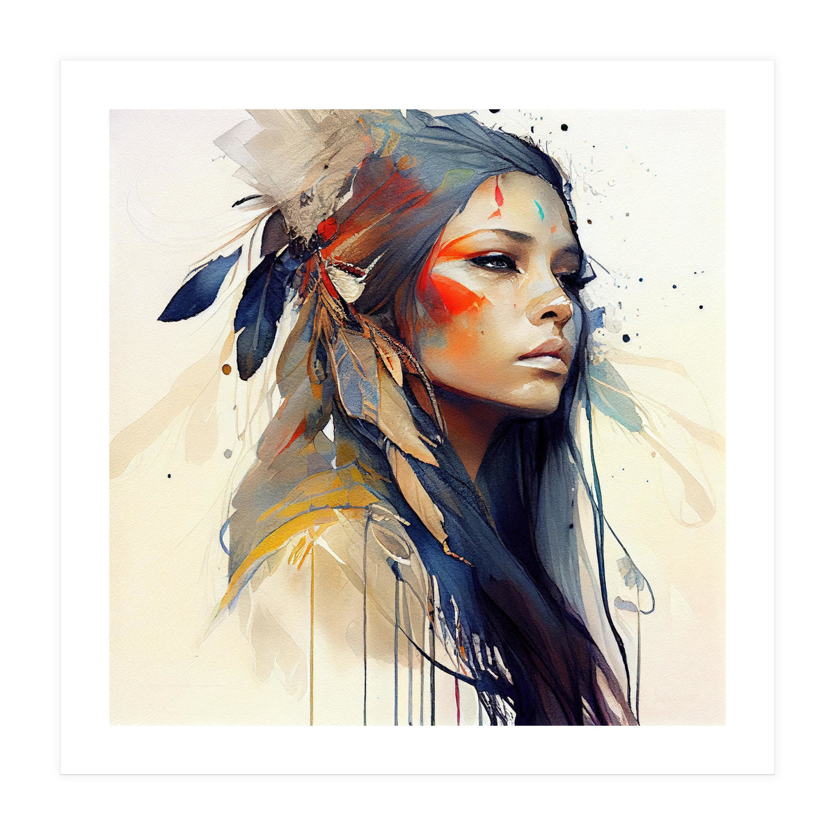Watercolor Floral Indian Native Woman #13 (Print Only)