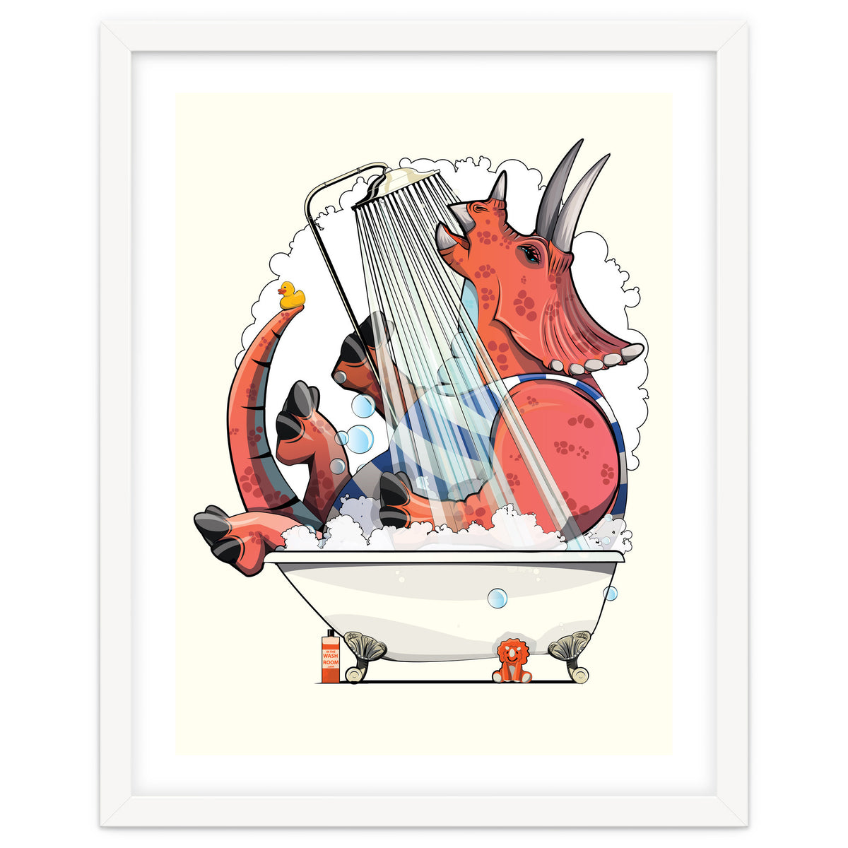 Dinosaur Triceratops in the Shower, funny bathroom humour
