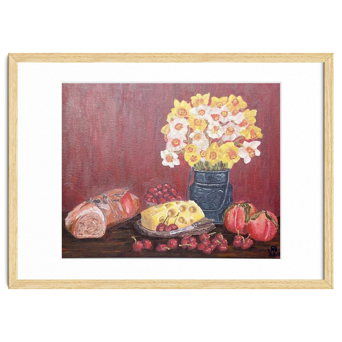 Still life with cheese, daffodils on a red background.