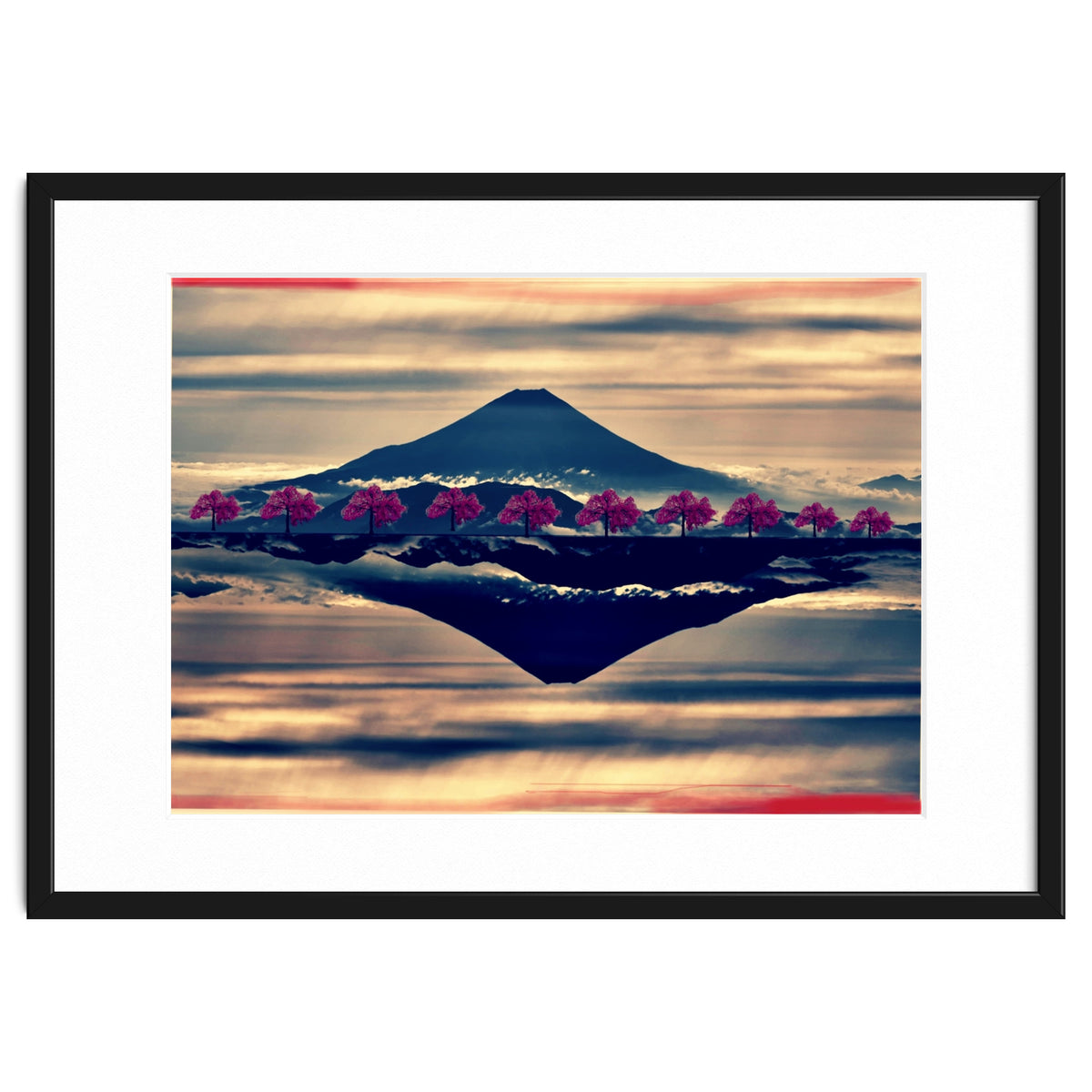 Reflection on Mount Fuji with cherry trees.