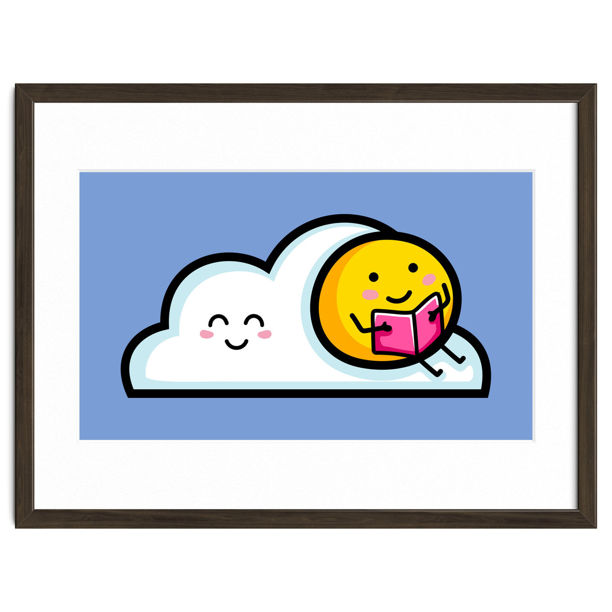 Kawaii Cute Sun Reading A Book On A Cloud