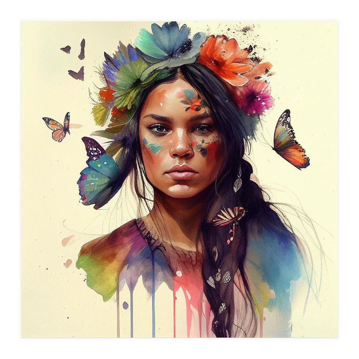 Watercolor Floral Indian Native Woman #11 (Print Only)