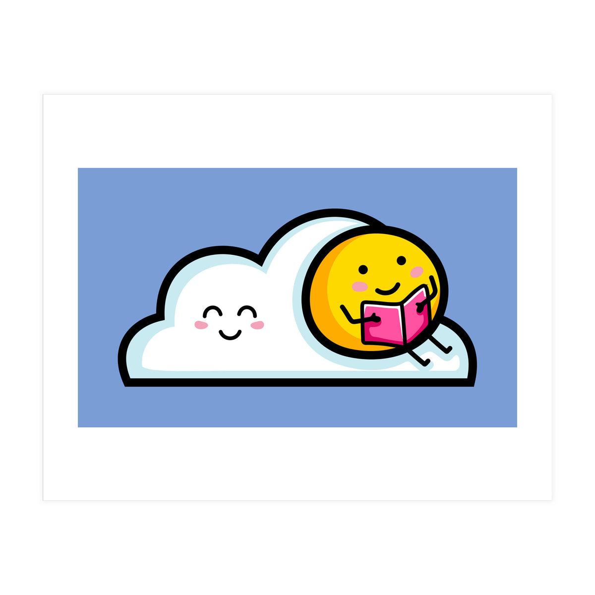 Kawaii Cute Sun Reading A Book On A Cloud (Print Only)