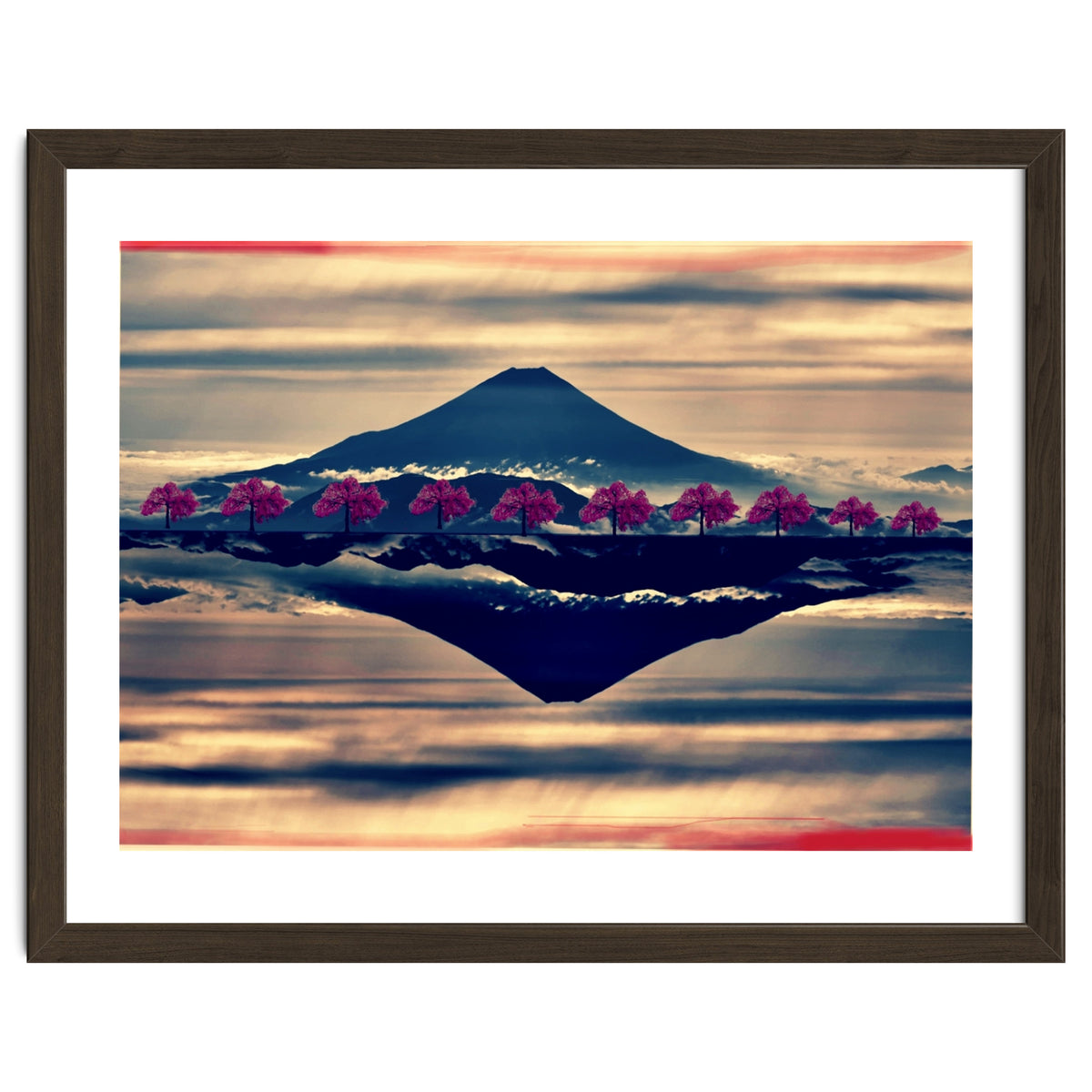 Reflection on Mount Fuji with cherry trees.
