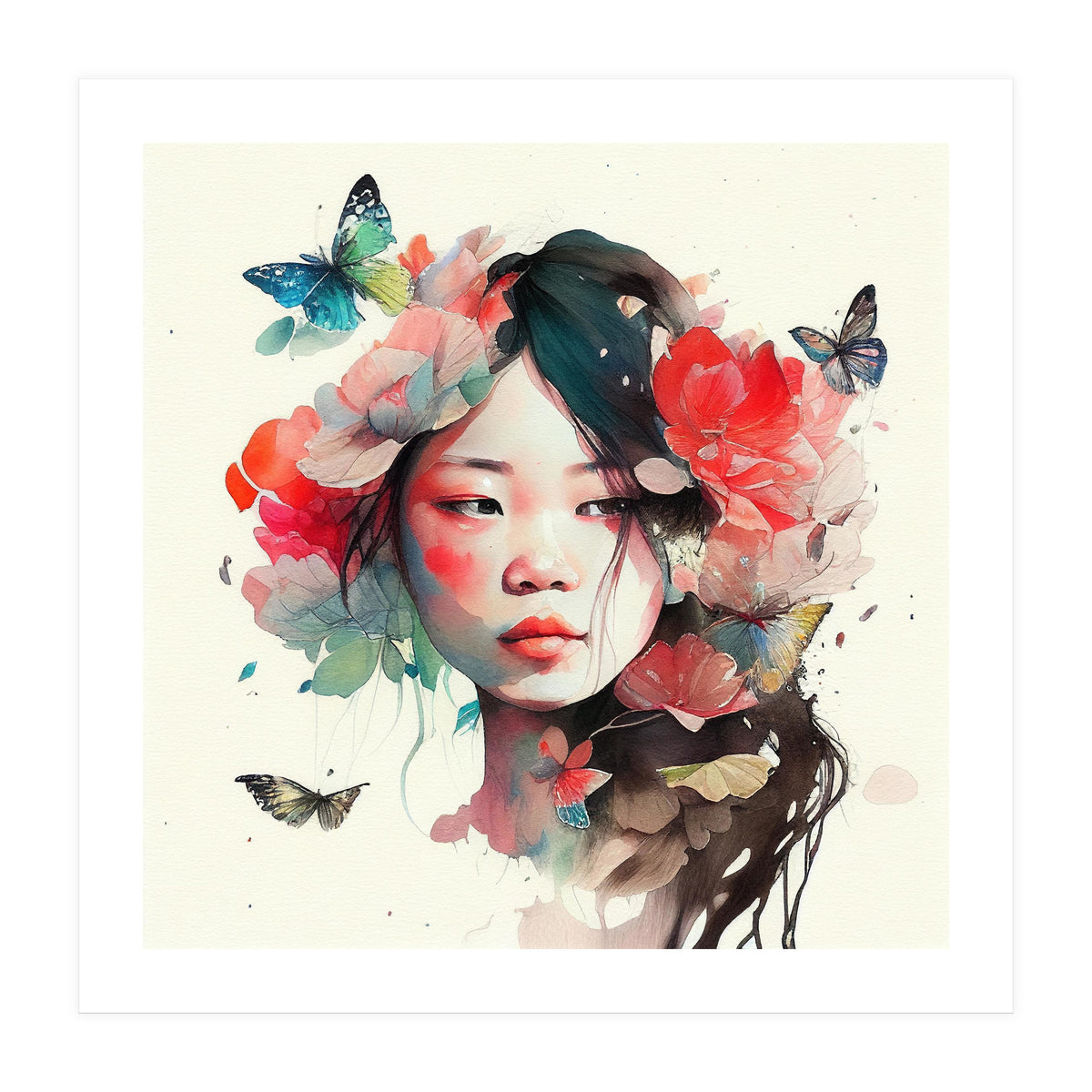 Watercolor Floral Asian Woman #8 (Print Only)