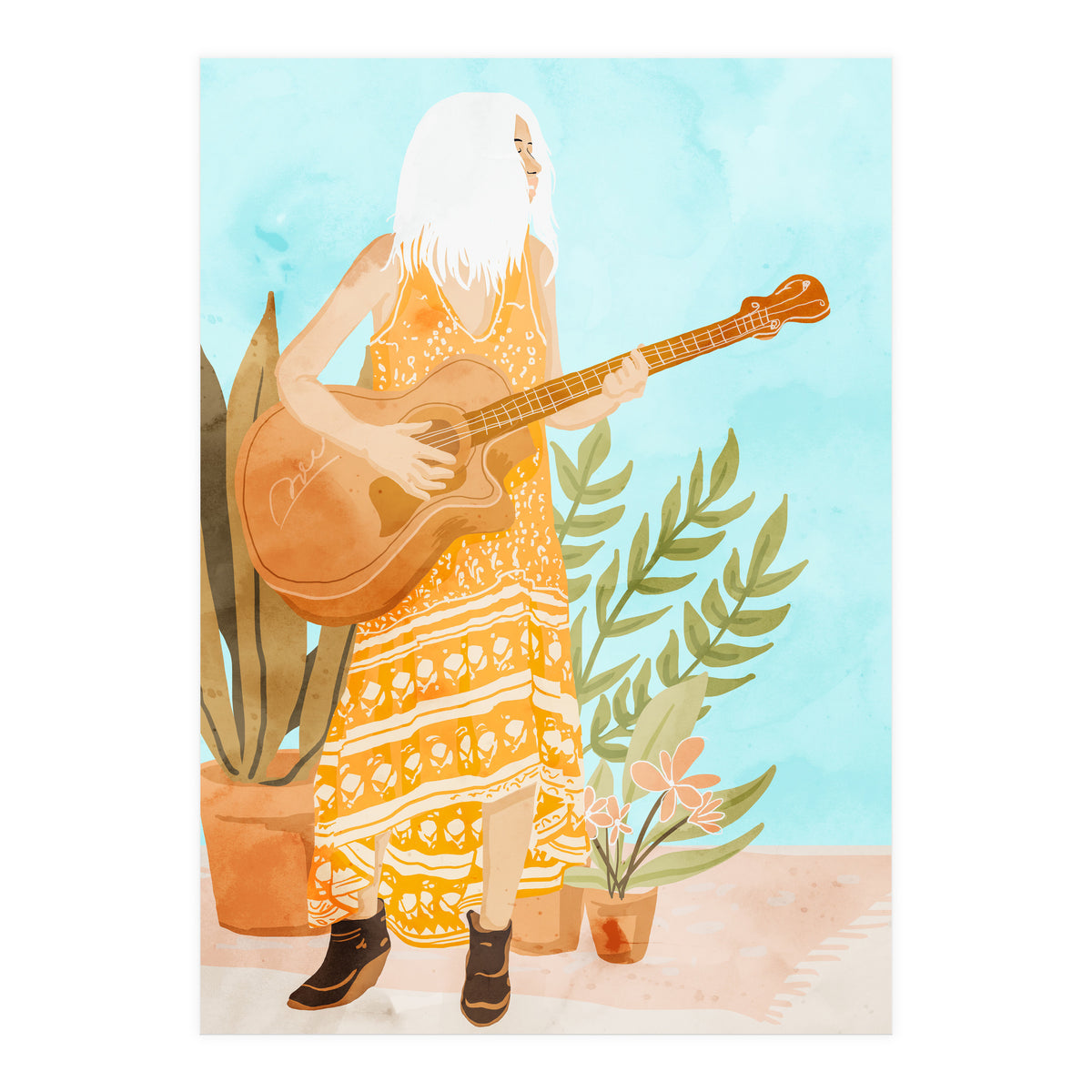 Music Soothes My Soul | Urban Hippie Bohemian Woman Playing the Guitar | Plant Lady Painting (Print Only)