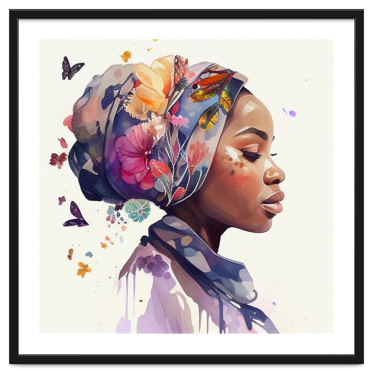 Watercolor Floral Muslim African Woman #1