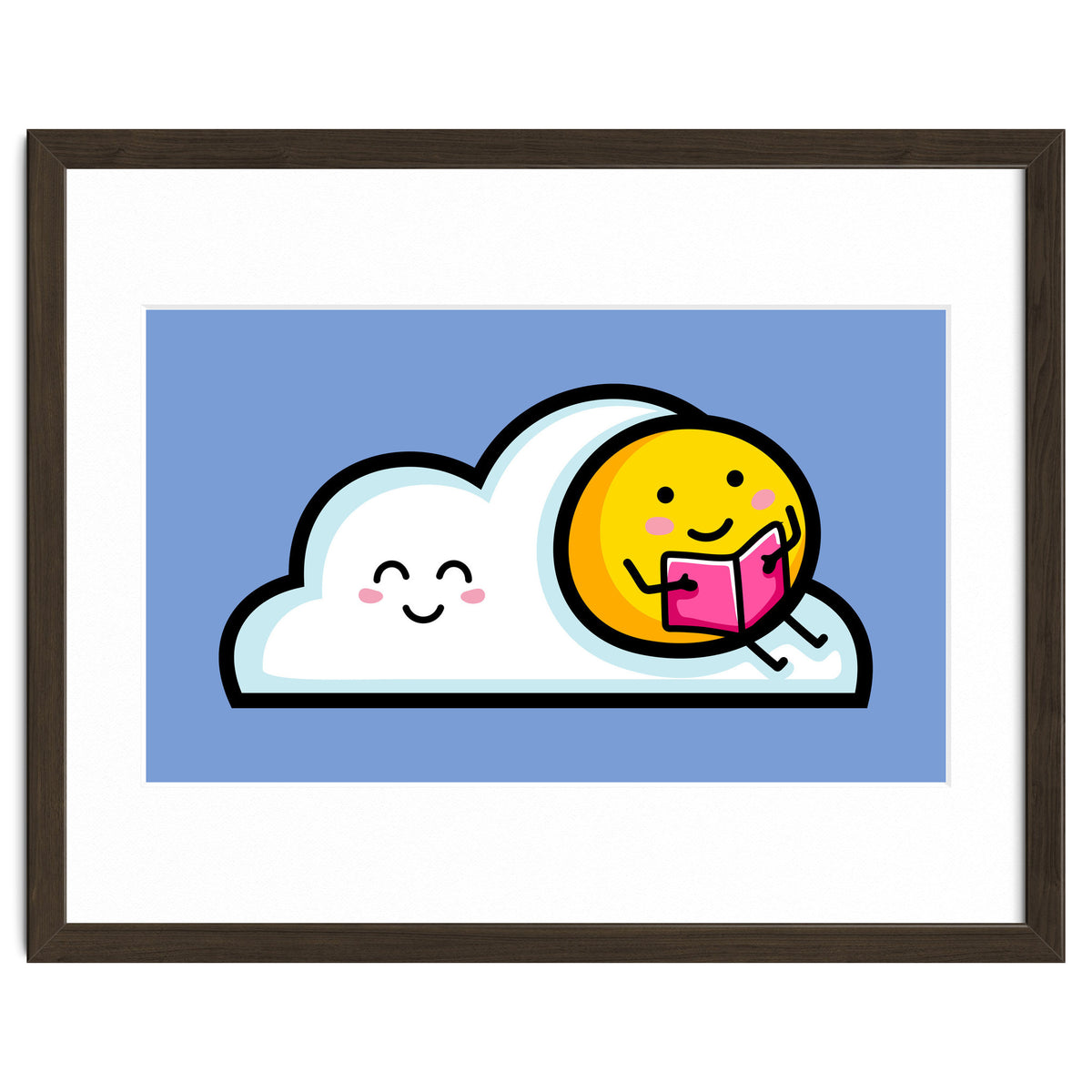 Kawaii Cute Sun Reading A Book On A Cloud