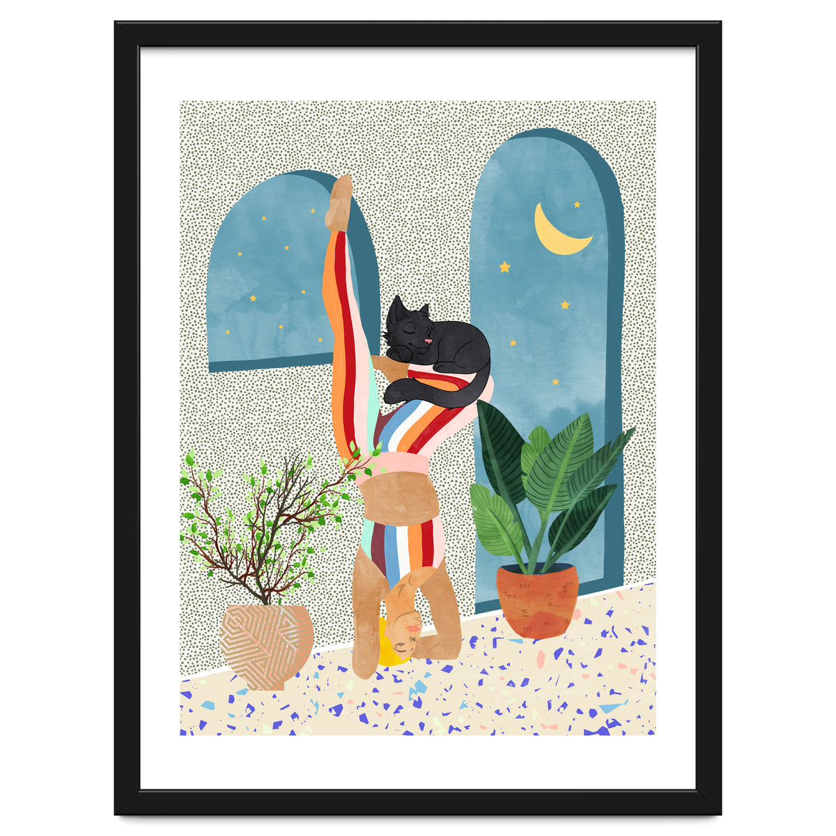 Headstand, Cat Yoga, Active Woman Workout, Eclectic Colorful Pets Terrazzo