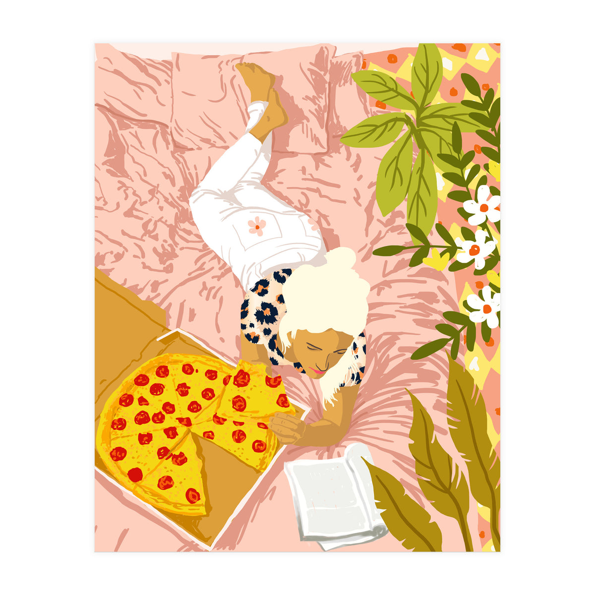 Pepperoni Pizza | Holiday Weekend Food Binge | Modern Bohemian Woman Reading in a Pastel Bedroom (Print Only)