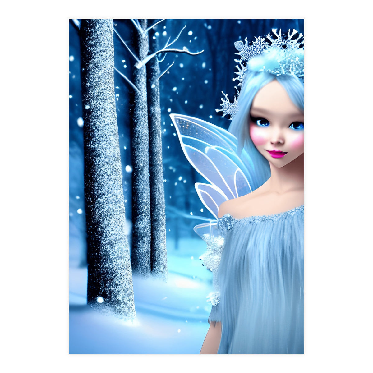 Cute 3d light blue Winter Fairy in the Forest (Print Only)