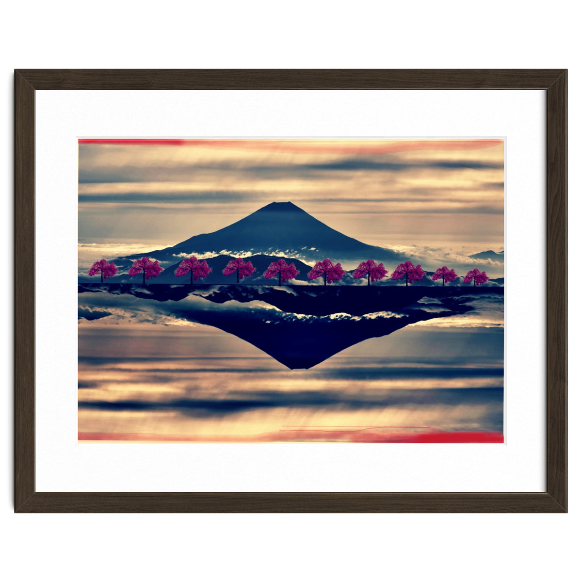 Reflection on Mount Fuji with cherry trees.