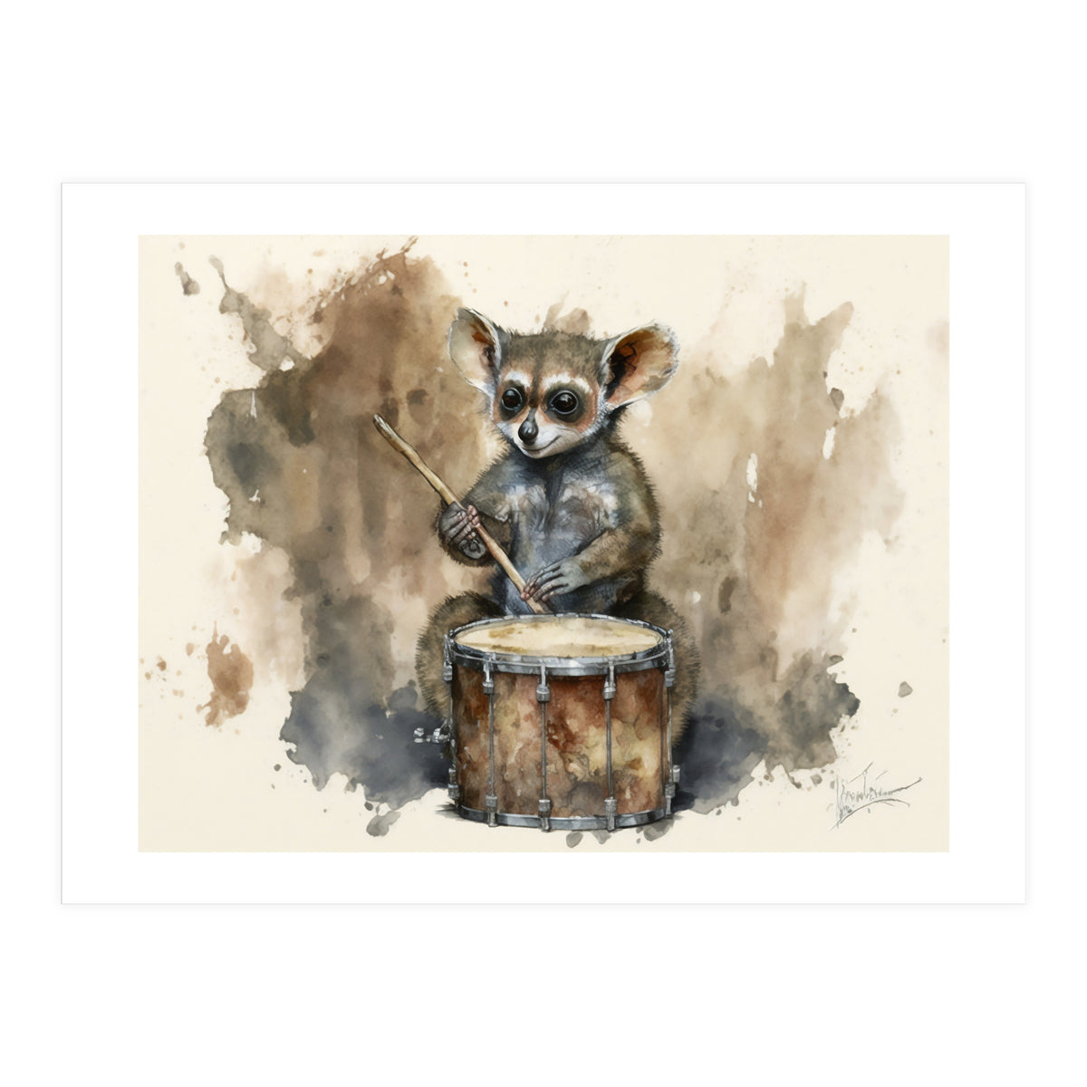 Bush Baby Playing Drum Watercolor Painting (Print Only)