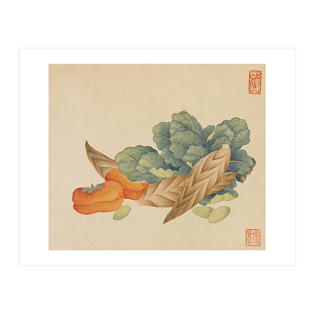 Wang Chengyu~flowers And Vegetables, Vegetables, Fruits, Chinese Cabbage, Lentils, Bamboo Shoots, Persimmons (Print Only)