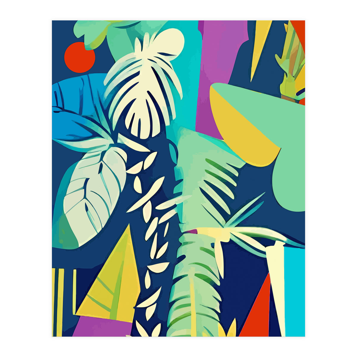 Tropical Wilderness, Abstract Botanical Jungle Plants, Pop of Color Eclectic Shapes Nature (Print Only)