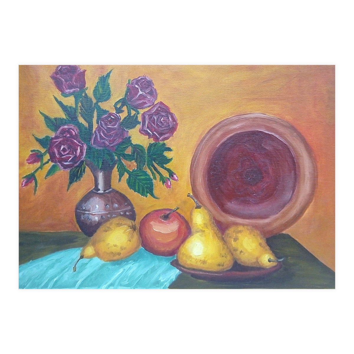 Still life with pears, roses and a dish. (Print Only)