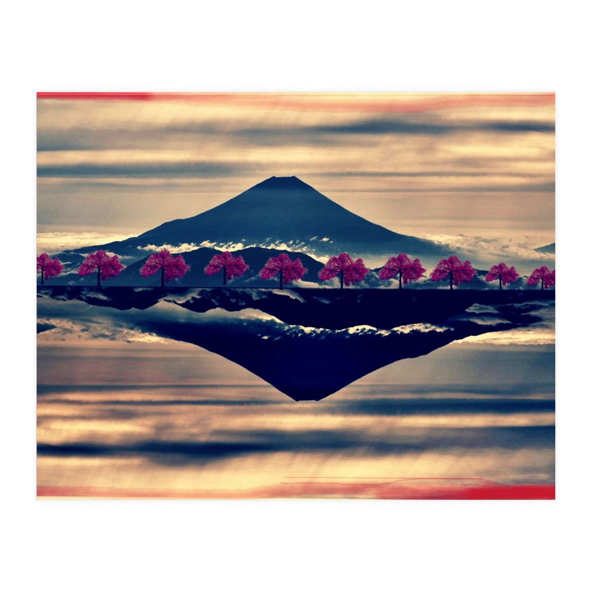 Reflection on Mount Fuji with cherry trees. (Print Only)