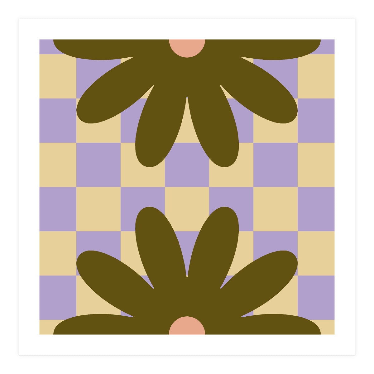 Retro Geometric Simple Flower on Checkerboard (Print Only)