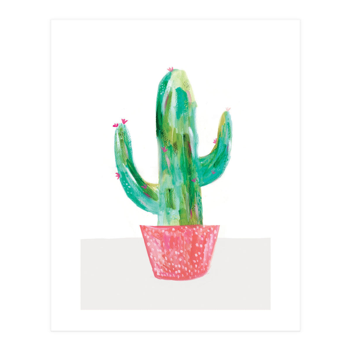 Painted Cactus In Coral Plant Pot (Print Only)