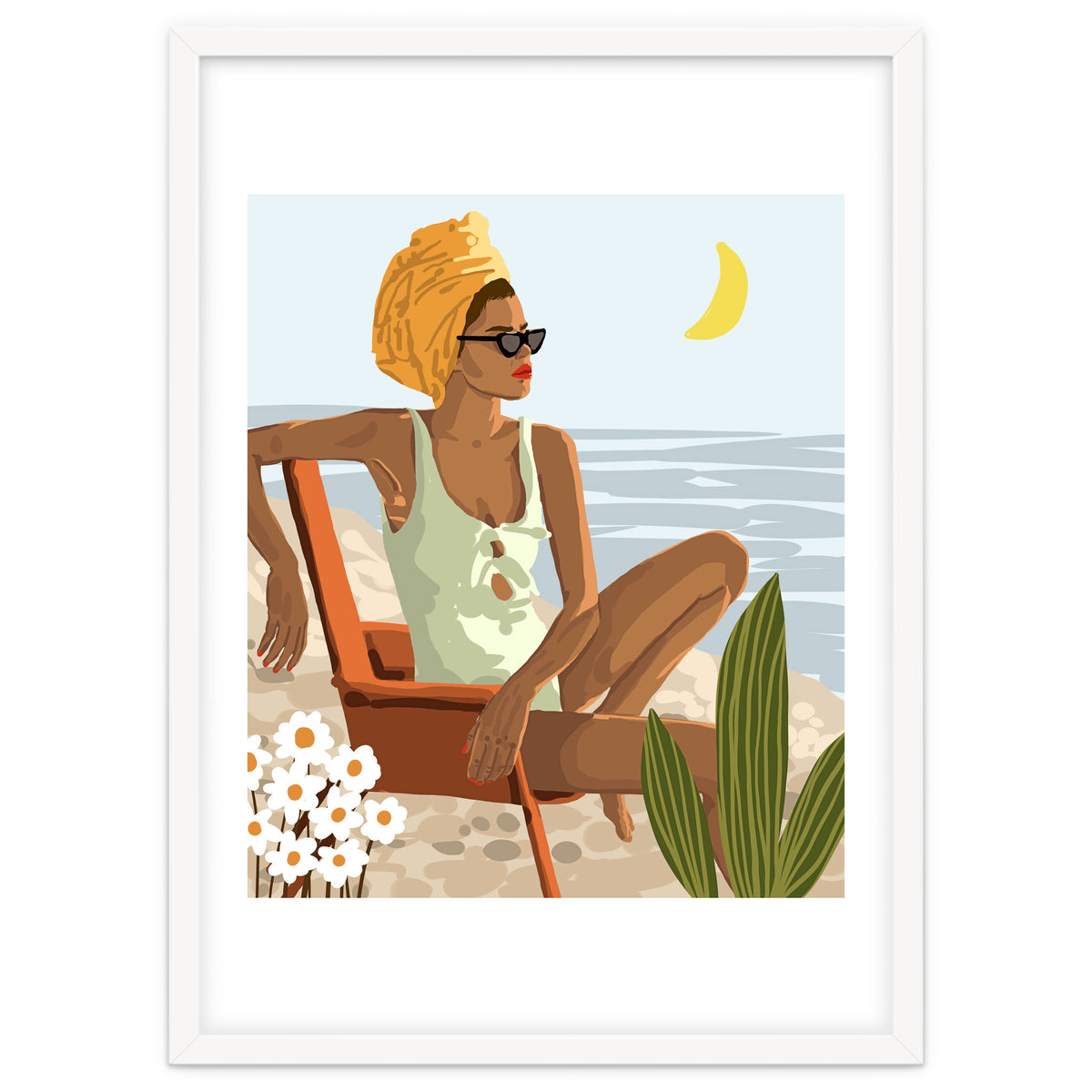 Moon Child, Beach Vacation, Black Woman Illustration Travel Ocean, Tropical Bohemian Fashion