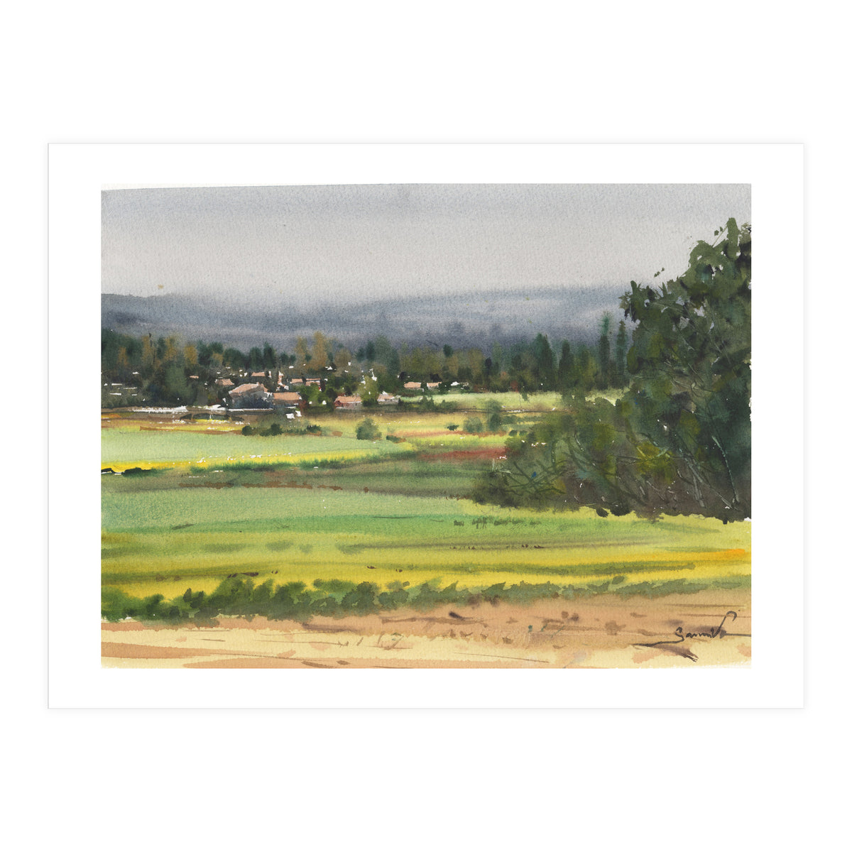 Sunny Landscape Painting Watercolor (Print Only)