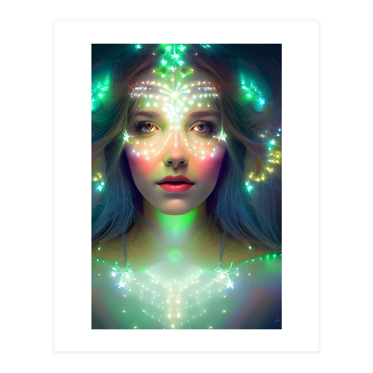 Glowing Green Stars - Goddess of Light Digital Fantasy Artwork (Print Only)