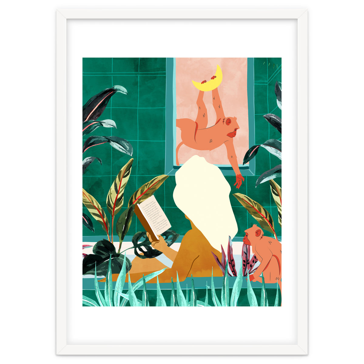 Urban Jungle Bath | Tropical Modern Bohemian Woman Bathtub | Pet Monkey Wild Animals Moon Watercolor