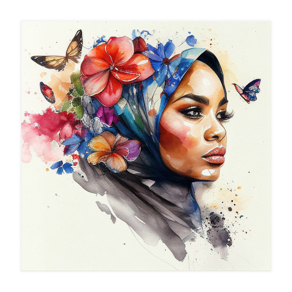 Watercolor Floral Muslim Arabian Woman #2 (Print Only)
