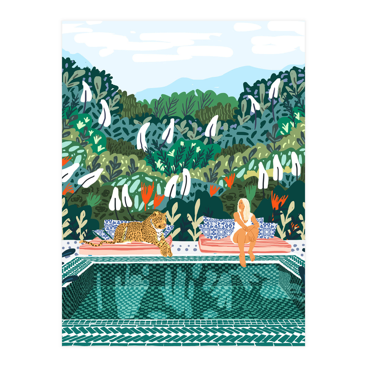 Chilling by the pool with my leopard Tropical Jungle Nature Wildlife Bohemian Morocco Travel (Print Only)