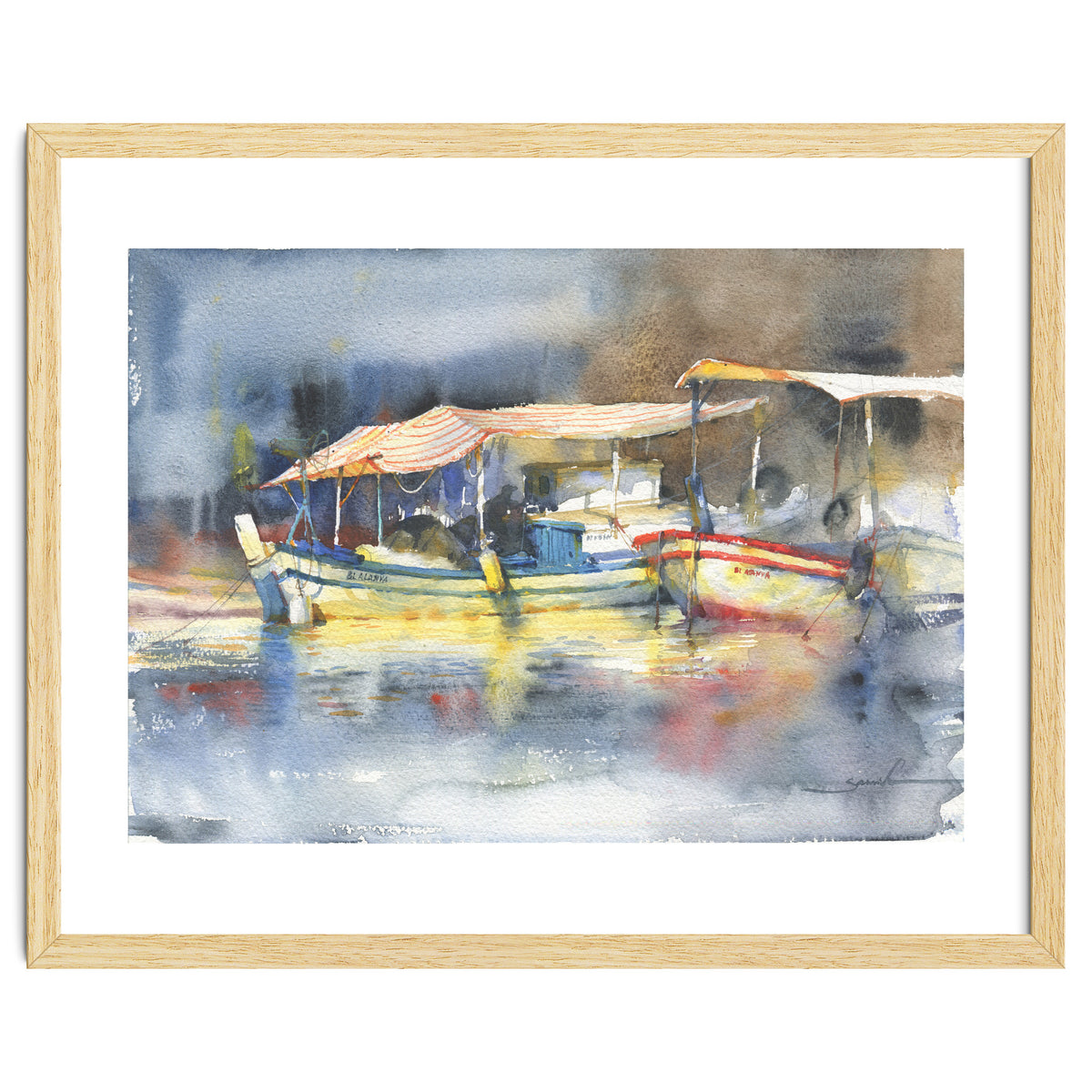 Yachts in the port. Watercolor art