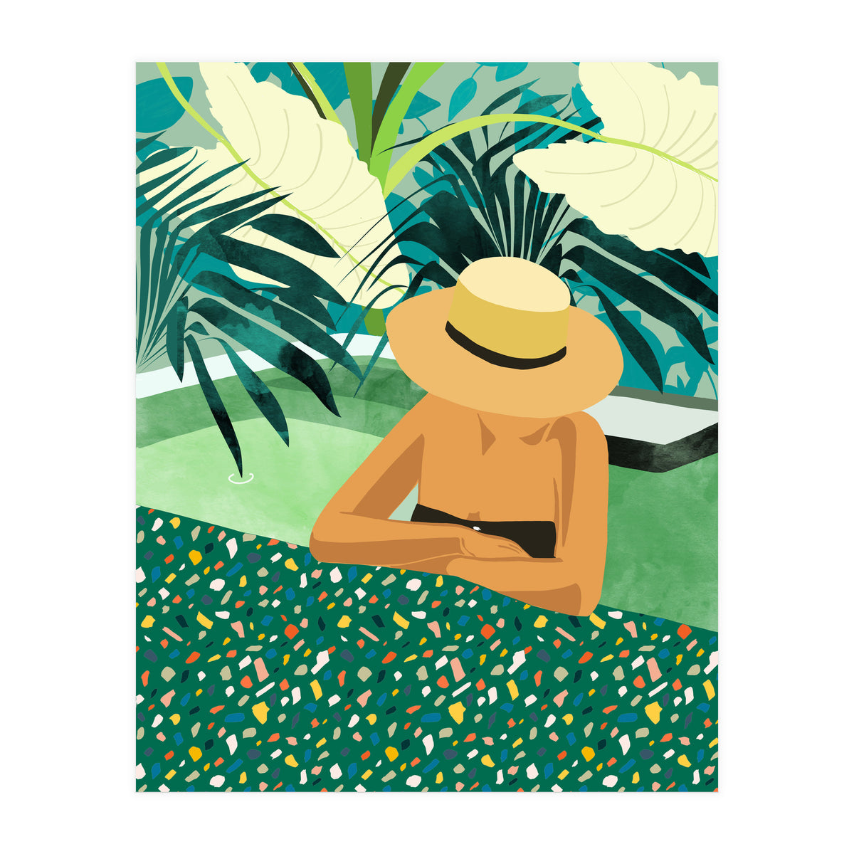 Chill, Modern Bohemian Black Woman Travel Illustration | Terrazzo Tropical Swimming Pool Fashion (Print Only)