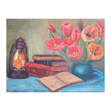 Still life with tulips, books and an old lamp. (Print Only) thumbnail