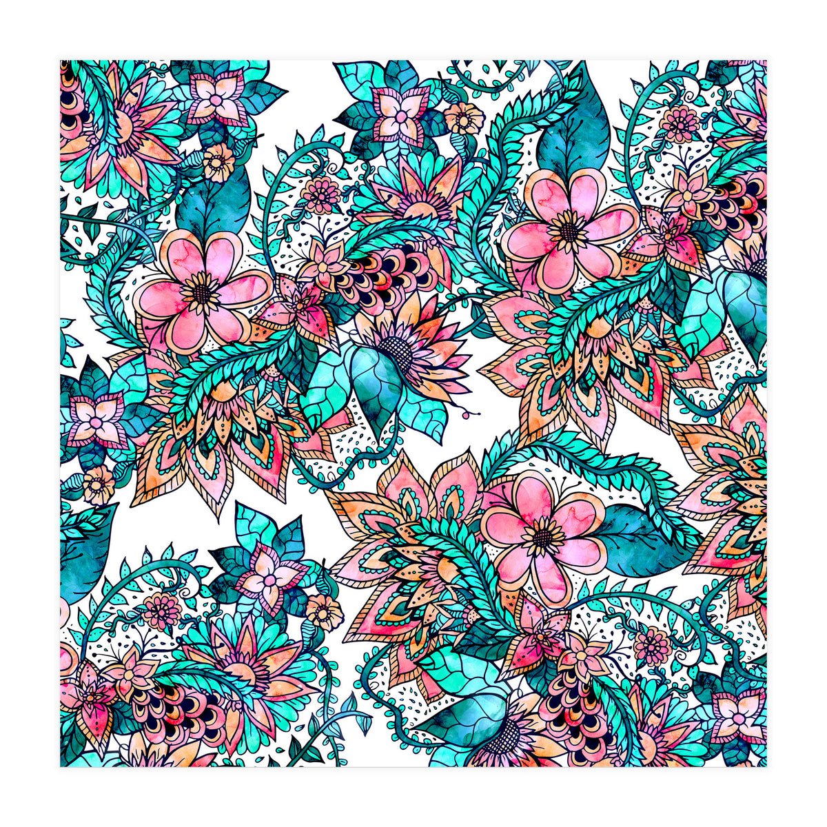 Boho turquoise pink floral watercolor illustration (Print Only)