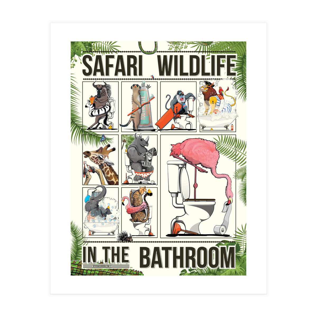 Safari wildlife animals in the bathroom, funny toilet humour.  (Print Only)