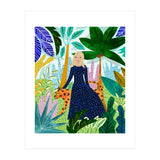 African Safari, Colorful Tropical Jungle Travel, Botanical Watercolor, Blonde Woman with a Leopard (Print Only) thumbnail