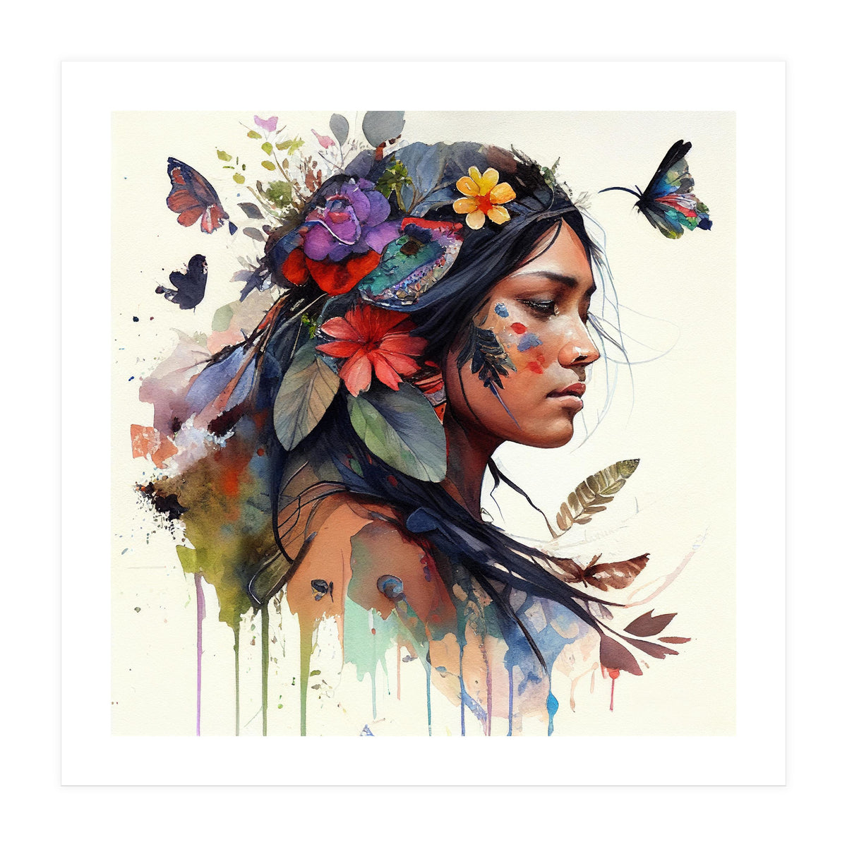 Watercolor Floral Indian Native Woman #15 (Print Only)