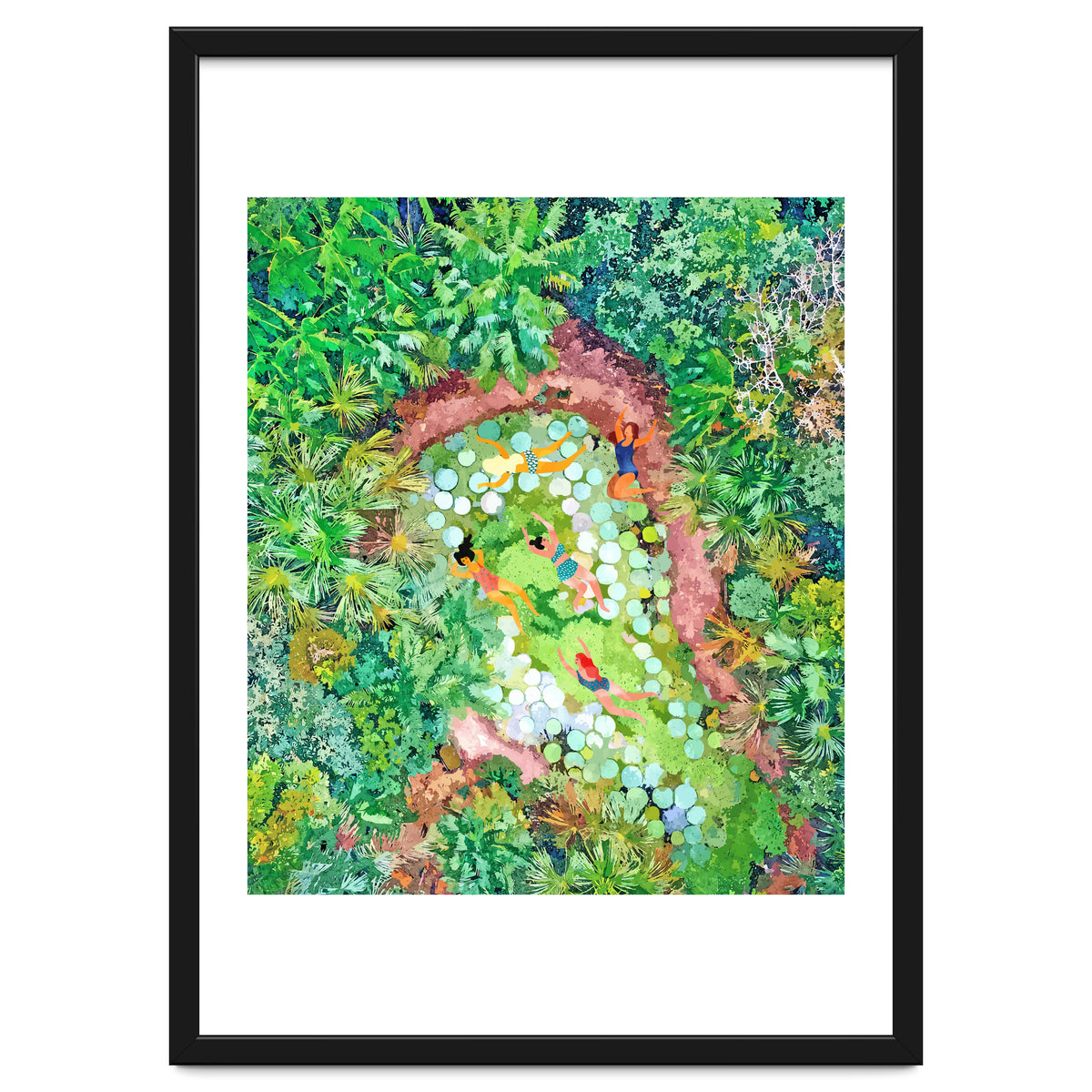 Tropical Vacay | Rainforest Jungle Botanical Lush Nature | Summer Lake People Swim | Boho Painting