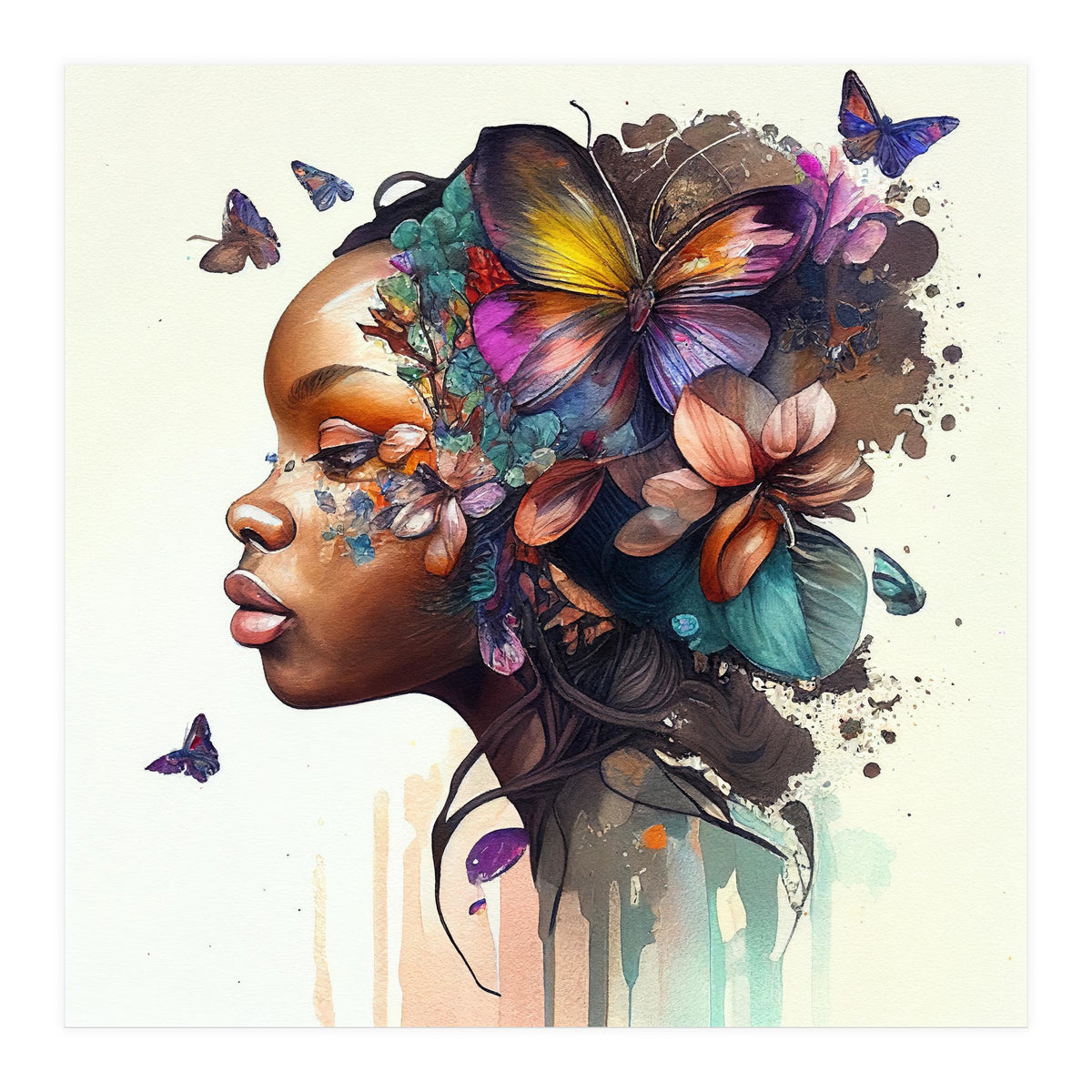 Watercolor Butterfly African Woman #8 (Print Only)