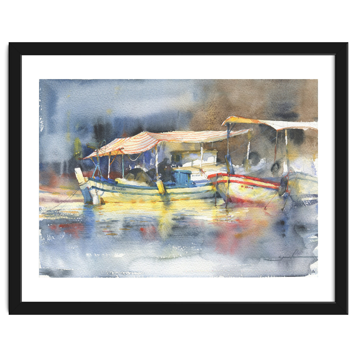 Yachts in the port. Watercolor art