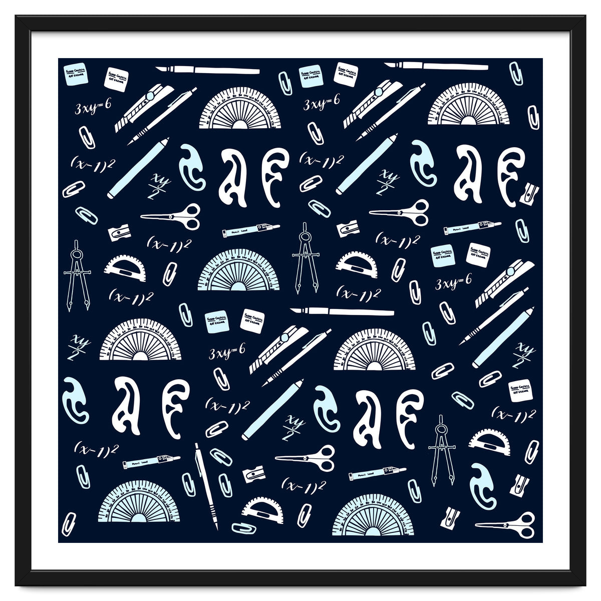 Mathematics and Geometry Pattern with protractors, mechanical pencils and erasers