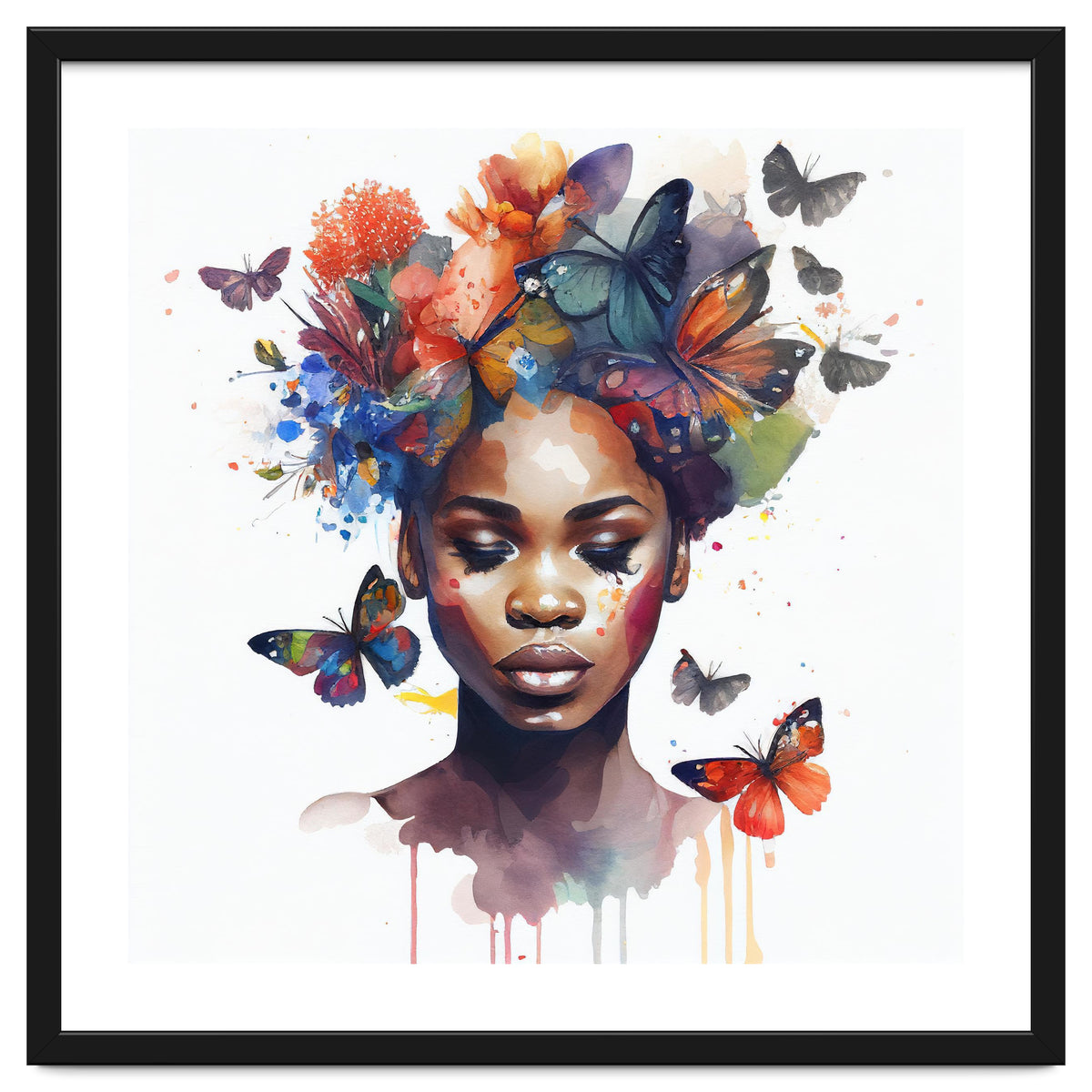 Watercolor Butterfly African Woman #4
