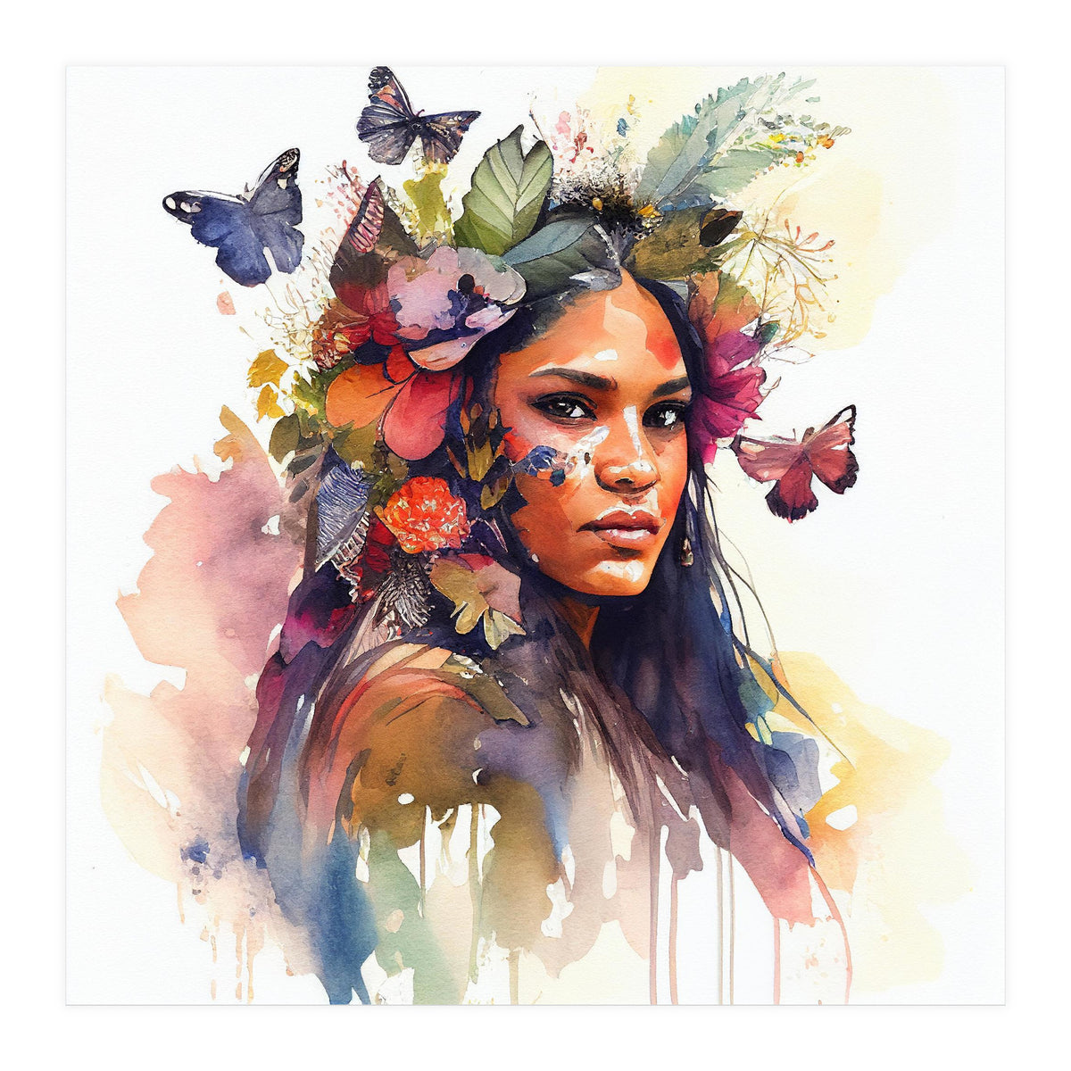 Watercolor Floral Indian Native Woman #5 (Print Only)